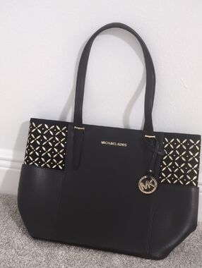 Michael Kors Black Tote with Gold Cutout Accents